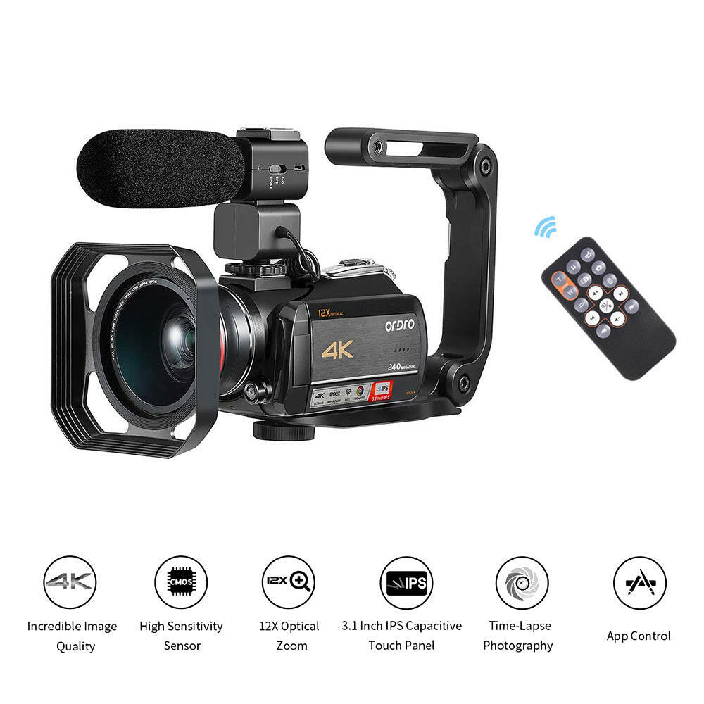 ORDRO AC5 4K WiFi Digital Video Camera Camcorder Recorder DV 24MP 3.1 Inch IPS Touchscreen 12X Optical Zoom Time-Lapse Face Detection Anti-shake with 2pcs Lithium Batteries + 0.39X Wide Angle Lens + Lens Hood + External Microphone + Camera Holder-WAYBIKER