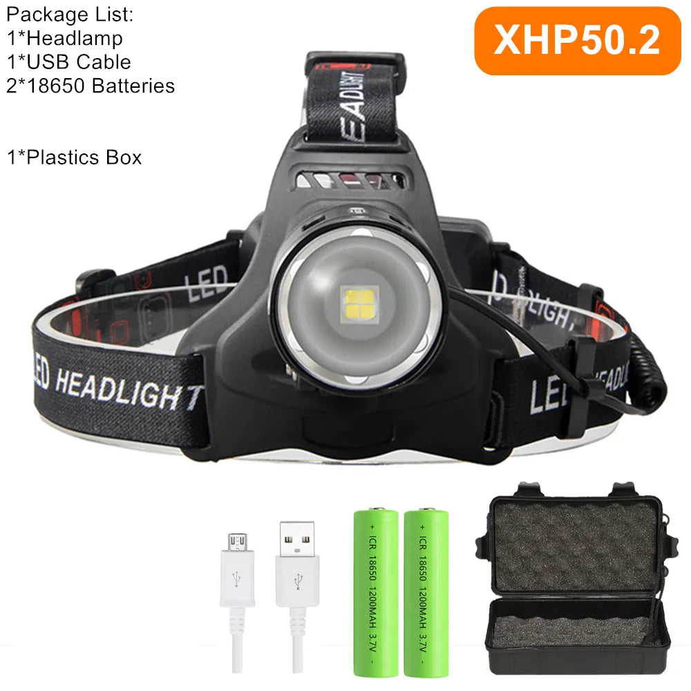 Powerful XHP70.2 XHP50.2 Led Headlamp Headlight Zoom Head Lamp Flashlight Torch 18650 battery USB Rechargeable Fishing Lantern-WAYBIKER