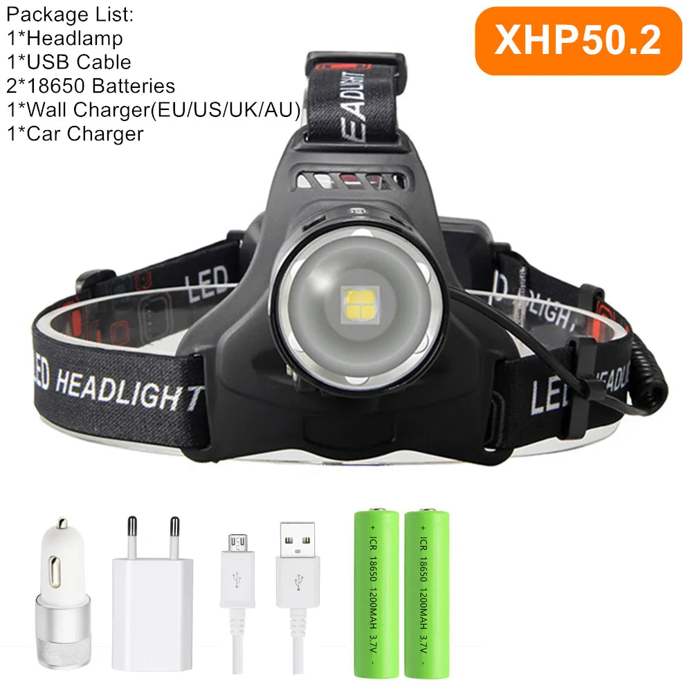 Powerful XHP70.2 XHP50.2 Led Headlamp Headlight Zoom Head Lamp Flashlight Torch 18650 battery USB Rechargeable Fishing Lantern-WAYBIKER