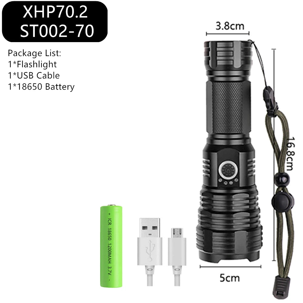 Ultra Powerful LED Flashlight USB Rechargeable Zoomable Torch XHP50 XHP70 XHP70.2 Hand Lamp 26650 18650 Battery Flash Light-WAYBIKER