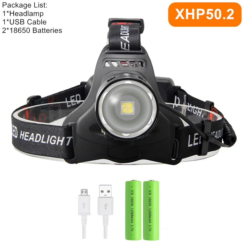 Powerful XHP70.2 XHP50.2 Led Headlamp Headlight Zoom Head Lamp Flashlight Torch 18650 battery USB Rechargeable Fishing Lantern-WAYBIKER