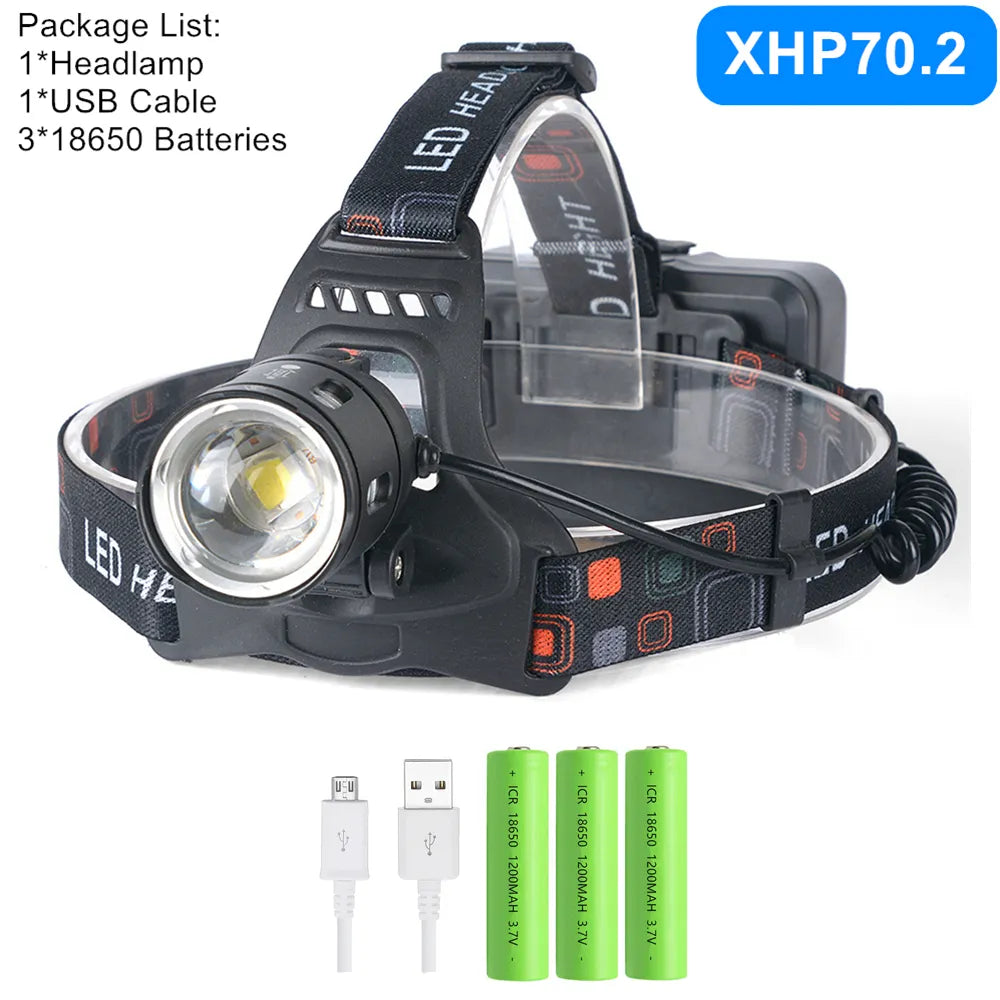 Powerful XHP70.2 XHP50.2 Led Headlamp Headlight Zoom Head Lamp Flashlight Torch 18650 battery USB Rechargeable Fishing Lantern-WAYBIKER