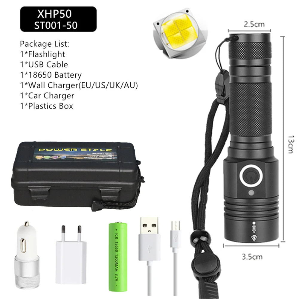 Ultra Powerful LED Flashlight USB Rechargeable Zoomable Torch XHP50 XHP70 XHP70.2 Hand Lamp 26650 18650 Battery Flash Light-WAYBIKER