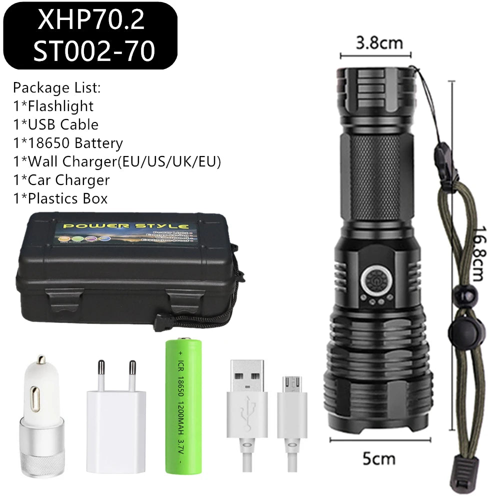 Ultra Powerful LED Flashlight USB Rechargeable Zoomable Torch XHP50 XHP70 XHP70.2 Hand Lamp 26650 18650 Battery Flash Light-WAYBIKER