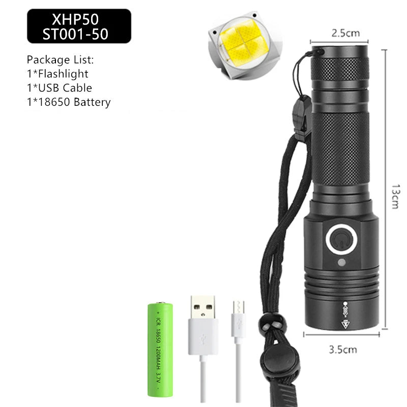 Ultra Powerful LED Flashlight USB Rechargeable Zoomable Torch XHP50 XHP70 XHP70.2 Hand Lamp 26650 18650 Battery Flash Light-WAYBIKER