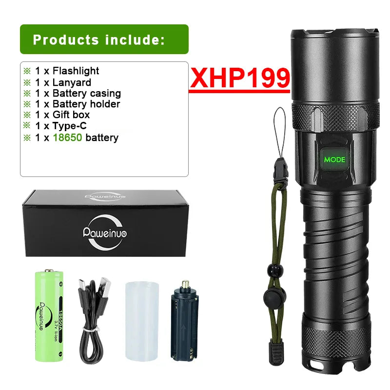 Super XHP199 Most Powerful LED Flashlight Rechargeable LED Torch Light XHP160 XHP90 High Power Flashlight 18650 Tactical Lantern-WAYBIKER