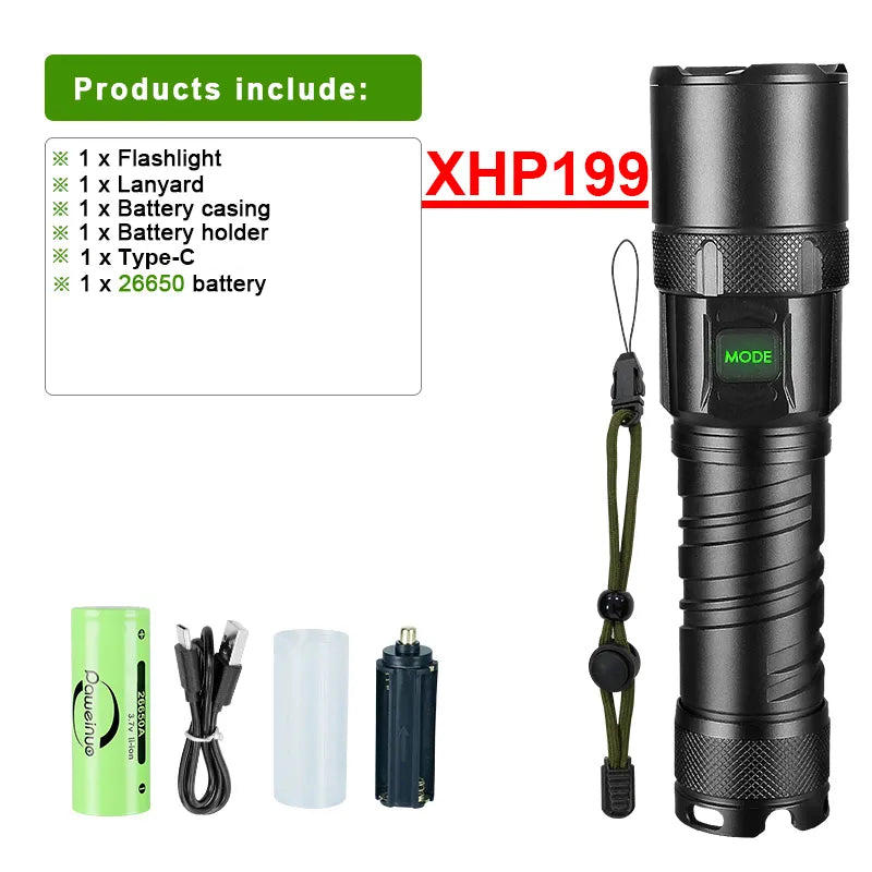 Super XHP199 Most Powerful LED Flashlight Rechargeable LED Torch Light XHP160 XHP90 High Power Flashlight 18650 Tactical Lantern-WAYBIKER