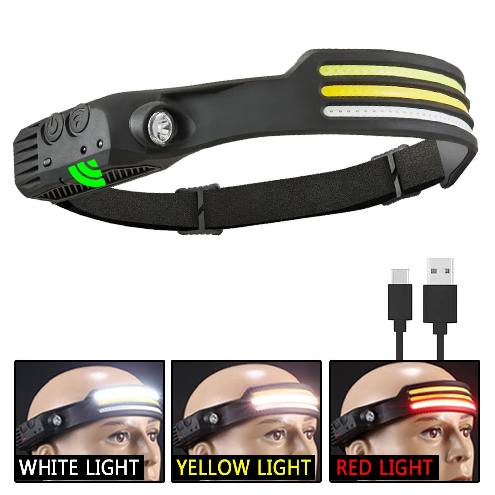 Sensor Headlamp COB LED Head Lamp Flashlight USB Rechargeable Head Torch 5 Lighting Modes Head Light with Built-in Battery-WAYBIKER