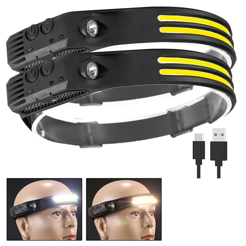 Wave Induction Headlamp COB LED Head Lamp With Built-in Battery Flashlight USB Rechargeable Torch Outdoor Lighting Work Light-WAYBIKER