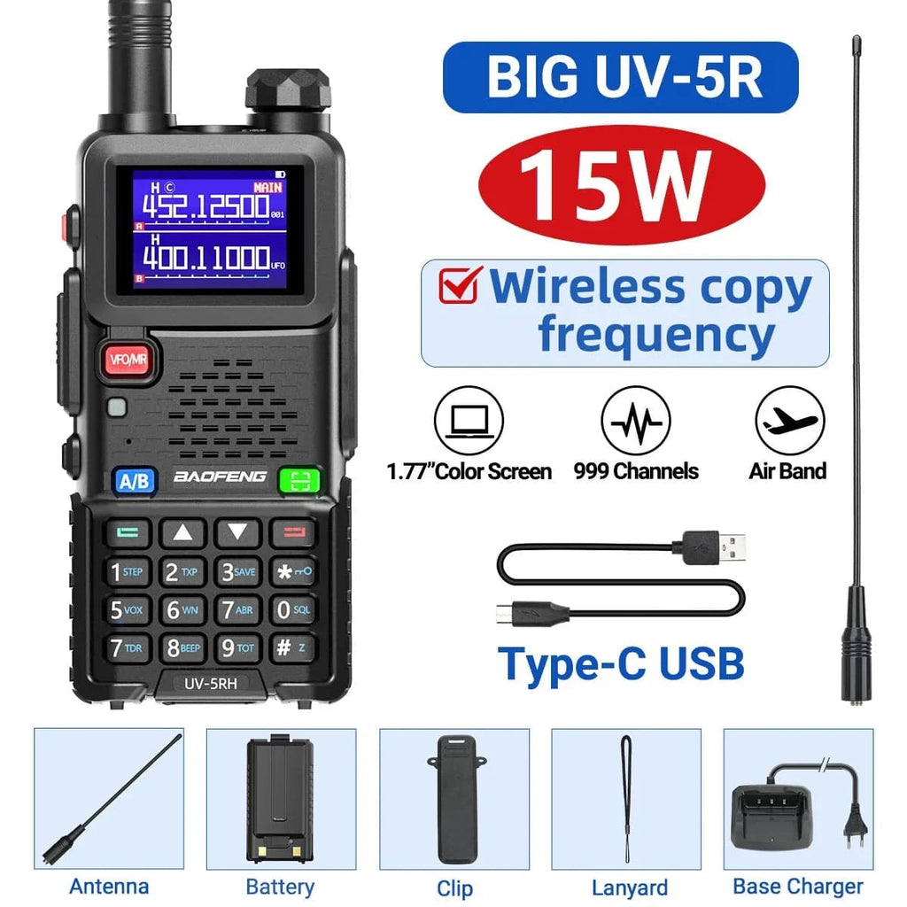 Baofeng UV-5RH Pro Max 15W Air Band Walkie Talkie Wirless Copy Frequency Tri-power Type-C NOAA Long Range 5RM Ham Two Way Radio-WAYBIKER