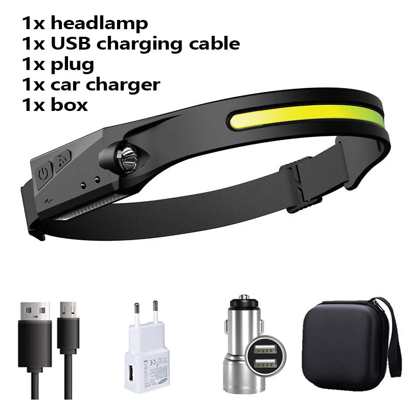 Portable COB LED Induction Headlamp Built-in Battery USB Rechargeable Waterproof Head Lamp 5 Lighting Mode Outdoor Camping Light-WAYBIKER