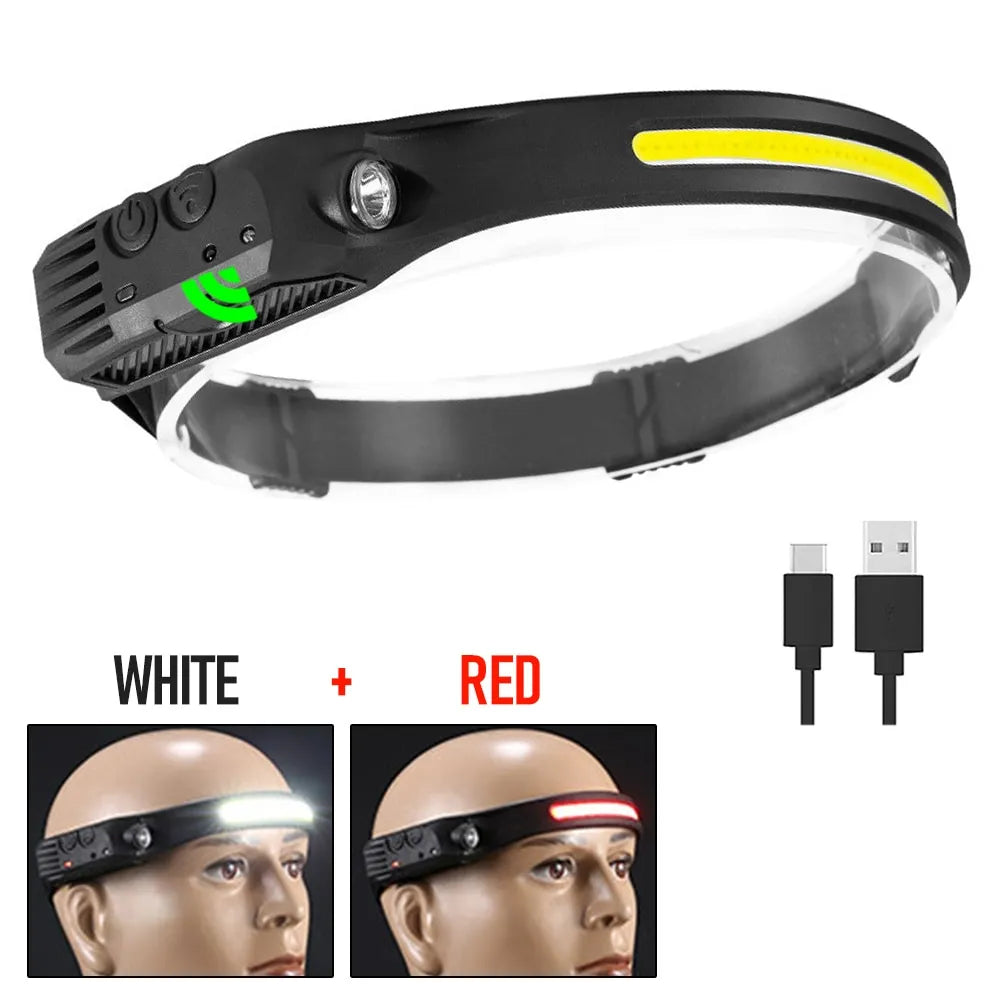 Hand Sweep Sensor Headlamp COB LED Flashlight USB Rechargeable 5 Lighting Modes Head Torch Camping Fishing Work Head Light-WAYBIKER