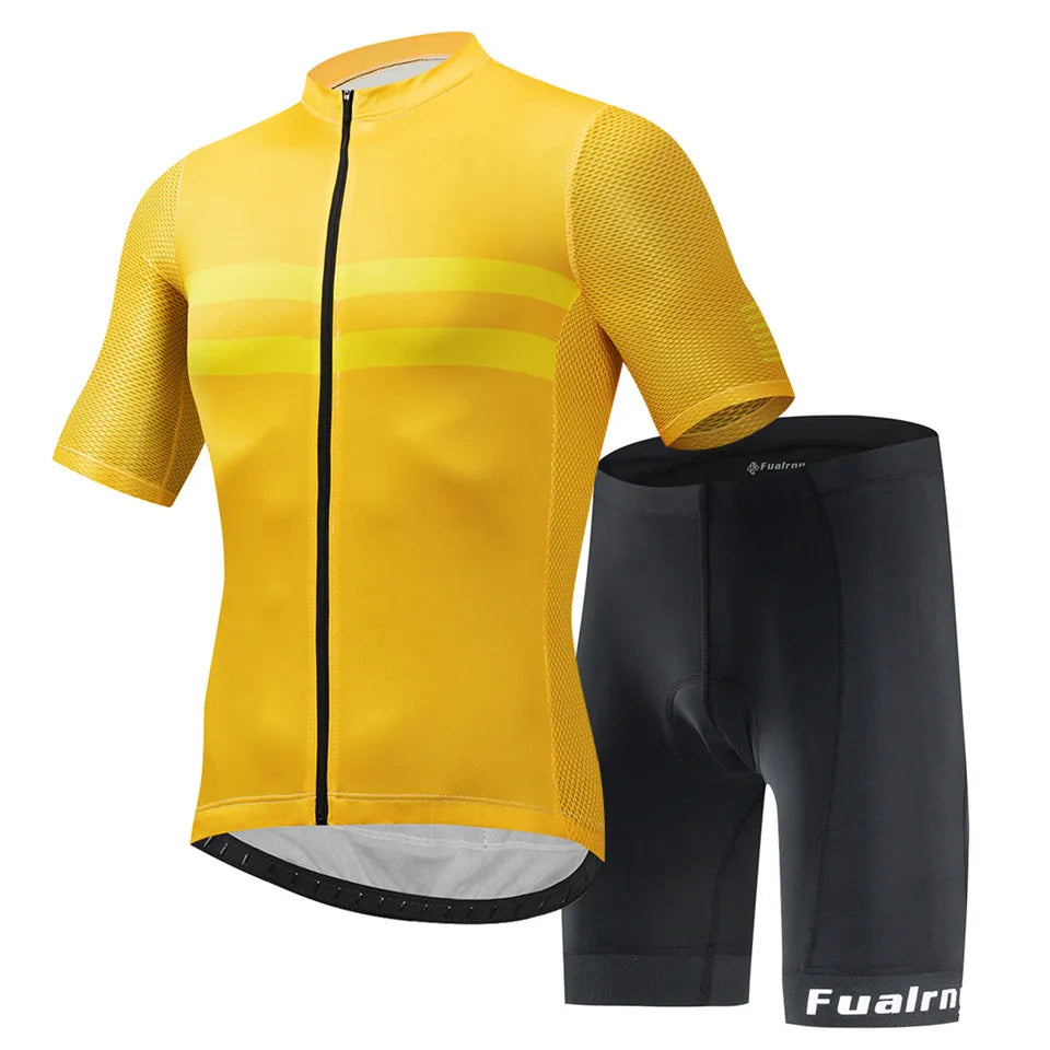 FUALRNY Cycling Jersey Set Summer Short Sleeve Breathable Yellow MTB Bike Cycling Clothing Maillot Ropa Ciclismo Uniform Suit-WAYBIKER