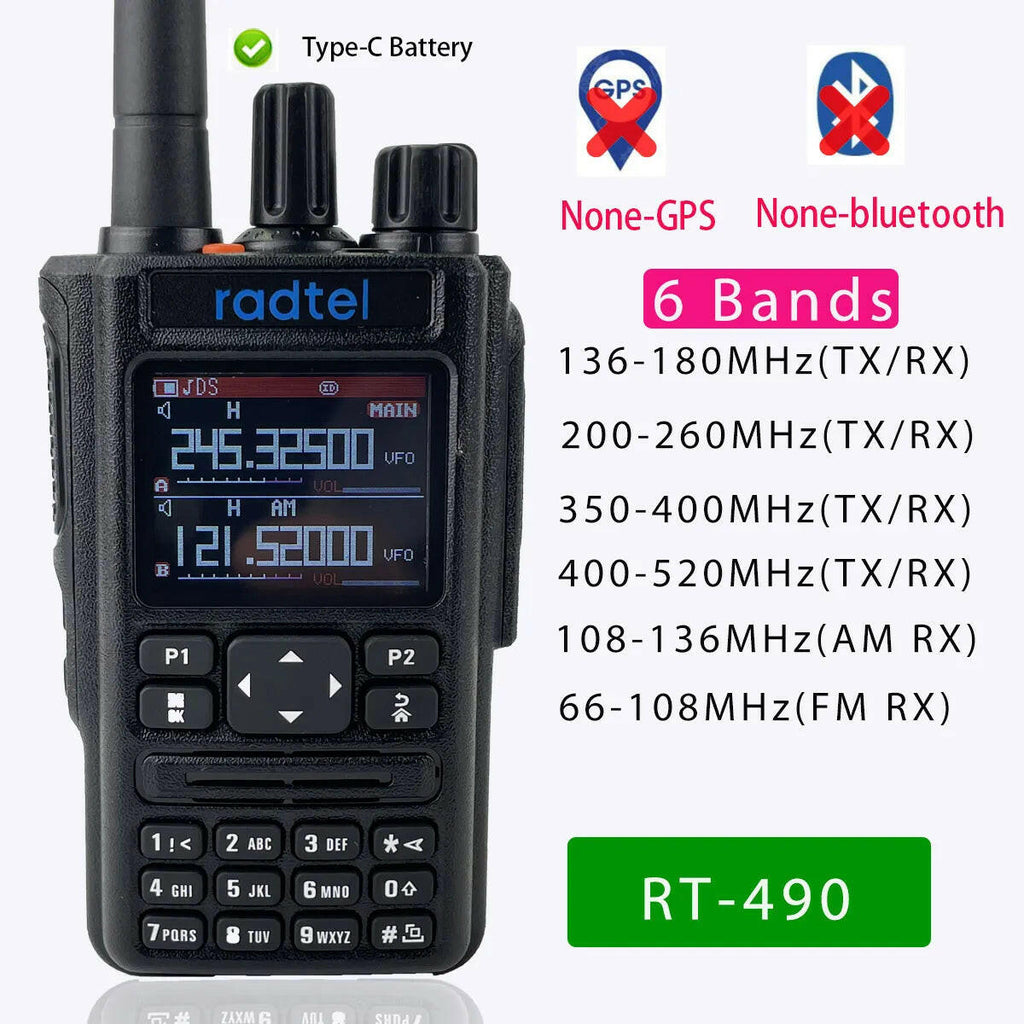 None GPS/Bluetooth Radtel RT-490 Six Band Amateur Ham 2-Way Radios 256 CH Aviation Band Walkie-Talkie AM Air Frequency RX USB-C-WAYBIKER