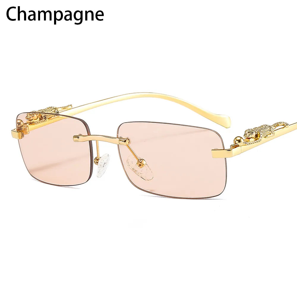 Fashion Retro Rimless Rectangle Sunglasses Cheetah Decoration Eyewear Ocean Lens Sun Glasses Women Men Sun Glasses Shades UV400