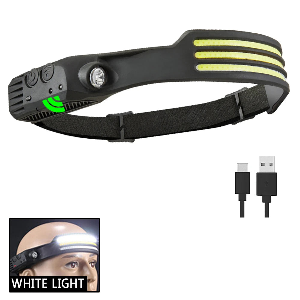 Wave Induction Headlamp COB LED Head Lamp With Built-in Battery Flashlight USB Rechargeable Torch Outdoor Lighting Work Light-WAYBIKER