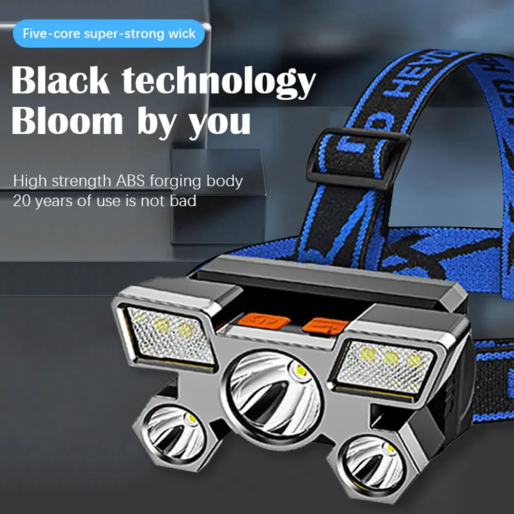 Led Five Head Headlight Strong Light Super Bright Headlamp USB Rechargeable Fishing Lamp Long Range Head Mounted Mine Flashlight