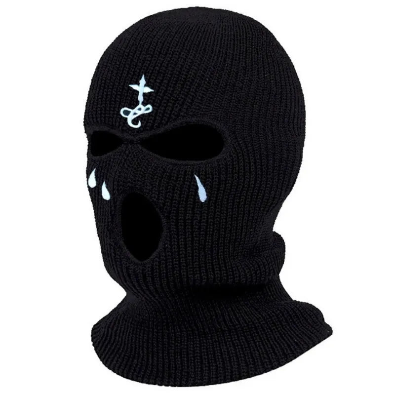 Cross Embroidery Ski Mask Winter Balaclava Hat 3-Hole Knitted Full Face Cover Ski Neck Gaiter Warm Knit Beanie For Outdoor Sport-WAYBIKER