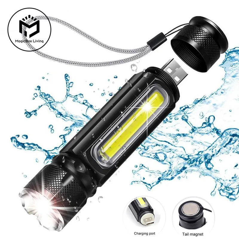 T6 Strong Light LED Usb Rechargeable Flashlight Magnetic Torch Lanter Zoomable Flashlight COB Zoom Highlight Outdoor Lighting-WAYBIKER