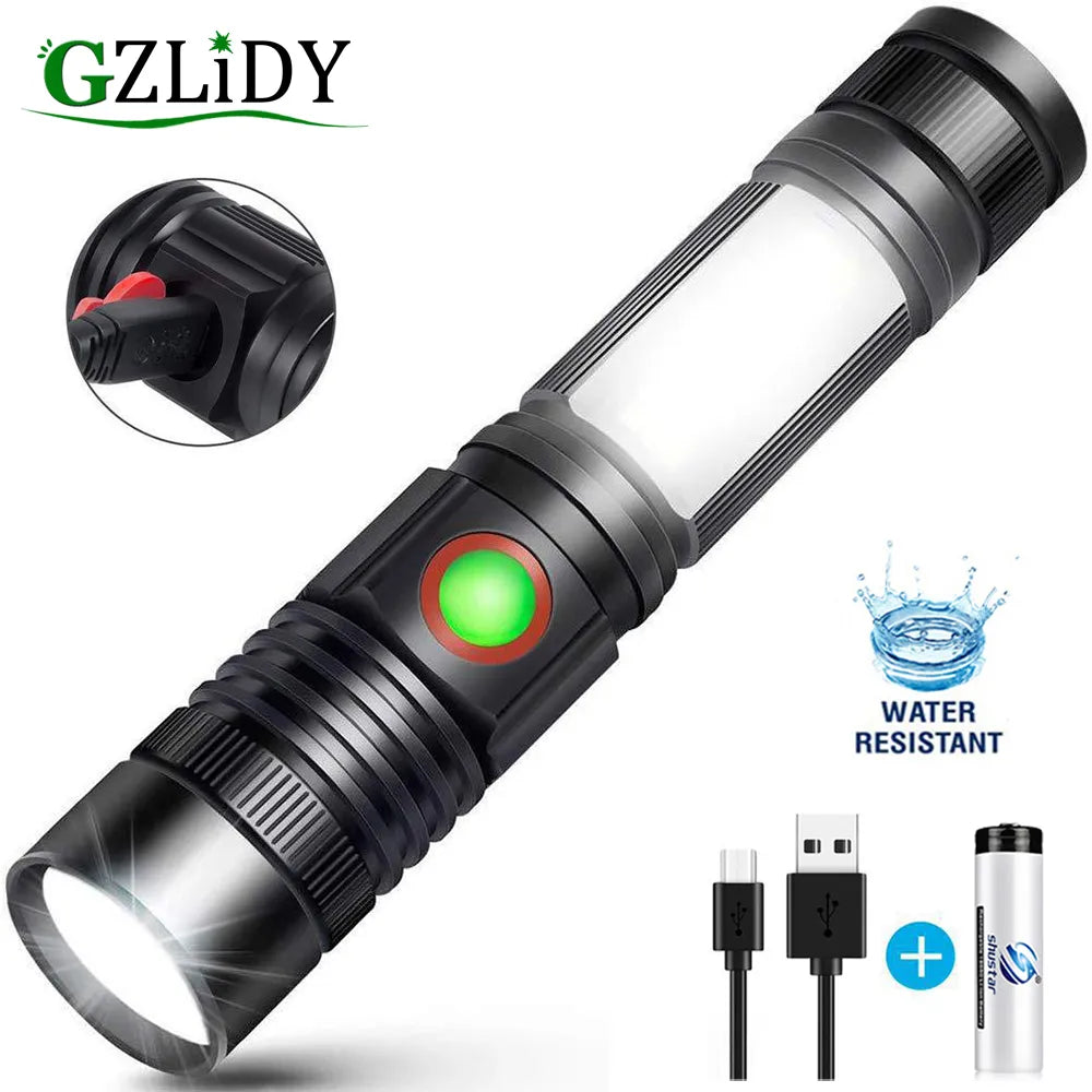 Super Bright T6 LED Flashlight USB Rechargeable Waterproof COB Torch Zoom Camping Lamp Portable 18650 Lantern with Tail Magnet-WAYBIKER