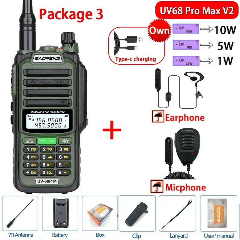 2023 Baofeng UV-68 Pro Max V2 10W IP68 Walkie Talkie Waterproof High Power CB Ham Long Range UV68 portable Two Way Radio hunting-WAYBIKER