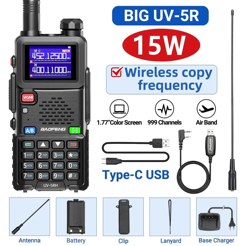 Baofeng UV-5RH Pro Max 15W Air Band Walkie Talkie Wirless Copy Frequency Tri-power Type-C NOAA Long Range 5RM Ham Two Way Radio-WAYBIKER