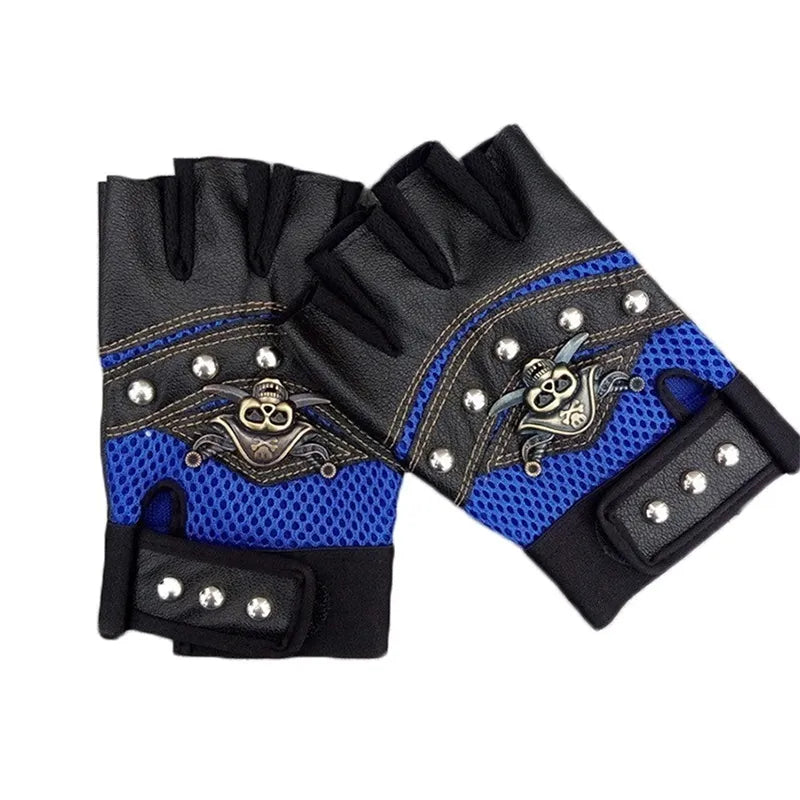 PU Leather Skull Punk Black Driving Motorcycle Biker Fingerless Gloves Mens Womens Gloves Gift-WAYBIKER