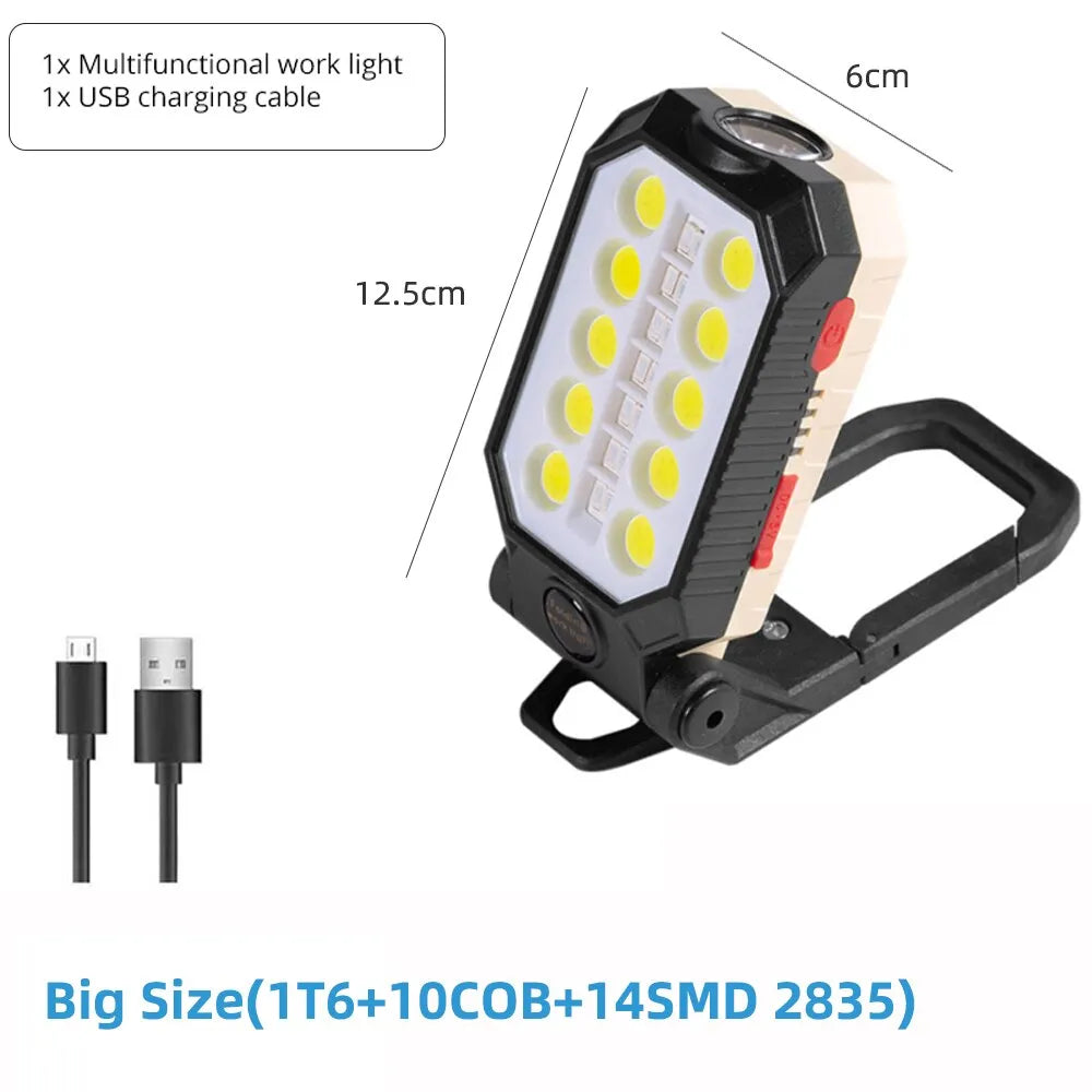 High Power LED Flashlight Rechargeable COB Work Light Adjustable Waterproof Camping Lantern Magnet With Power Display-WAYBIKER