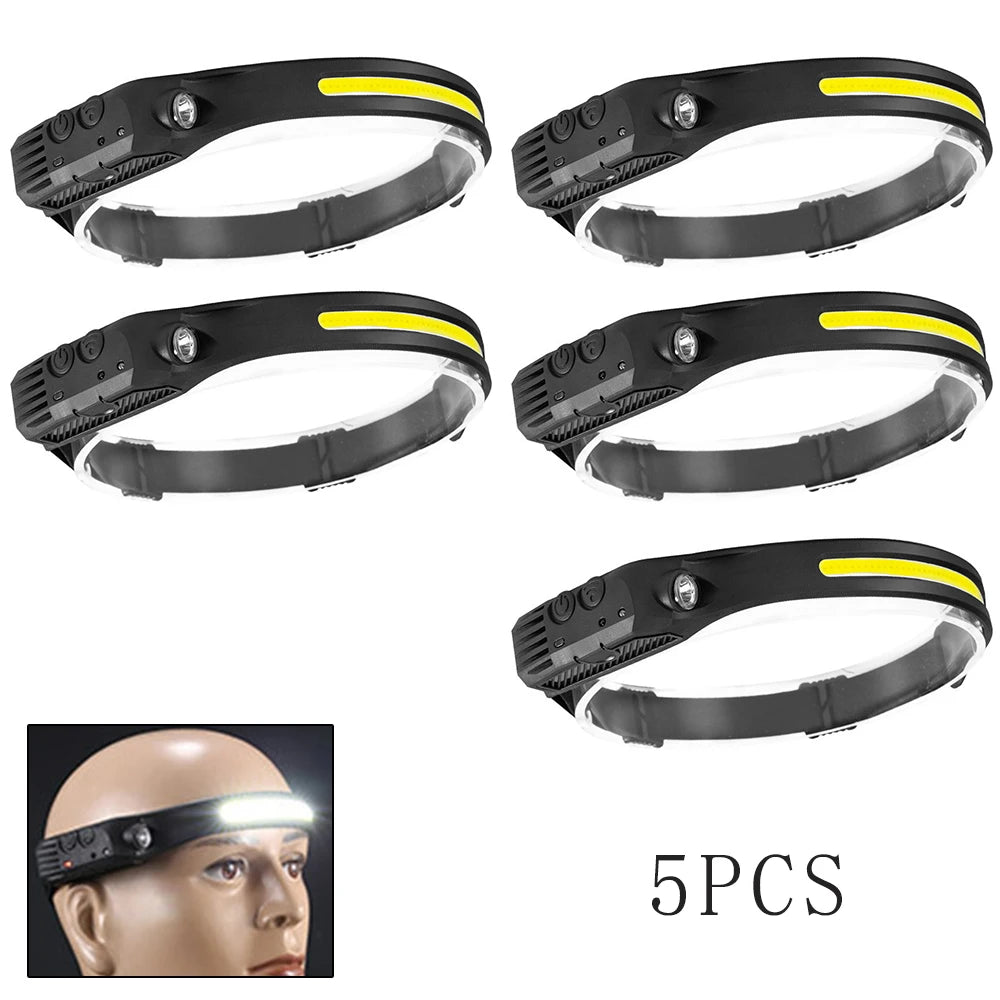 LED Sensor Headlamp 5 Lighting Mode COB Head Lamp Built-in Battery USB Rechargeable Headlight Outdoor Camping Fishing Lantern-WAYBIKER