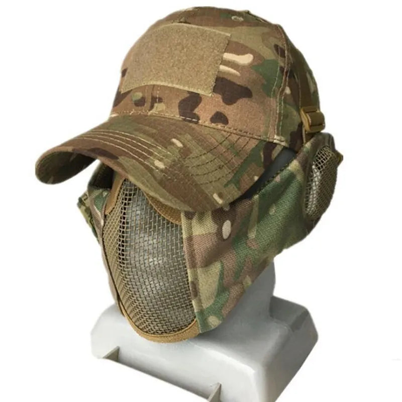 Tactical Foldable Masks Baseball Cap Adjustable Paintball Half Face Ow-Carbon Steel Mesh Mask Ear Protective for Airsoft Hunting-WAYBIKER