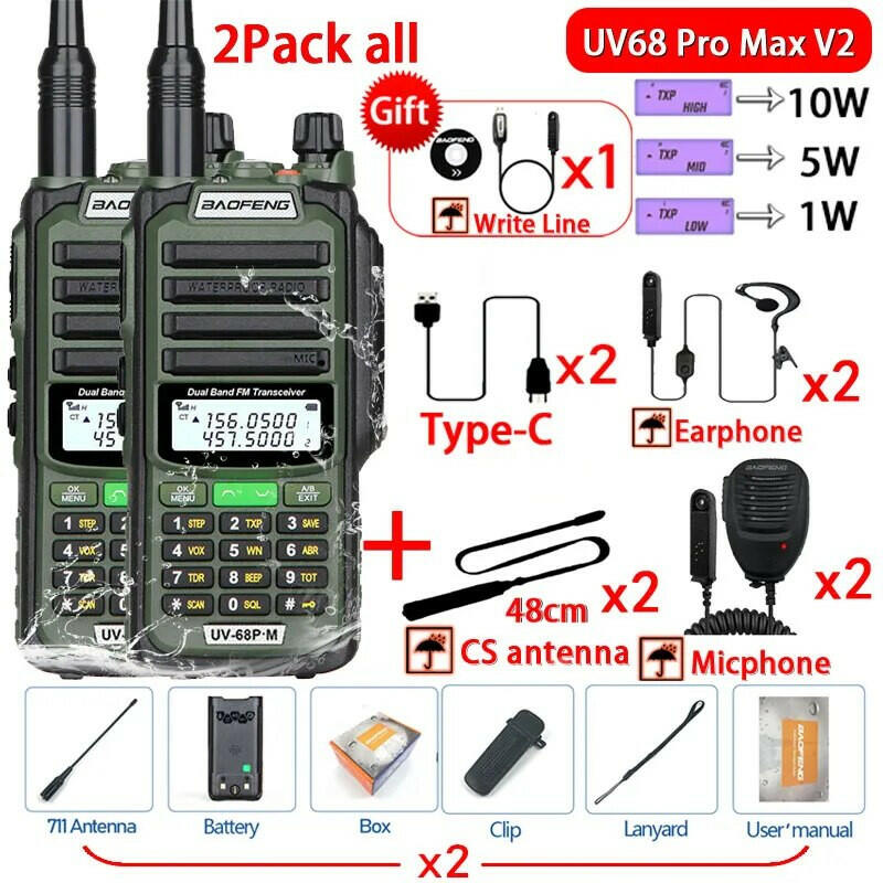 2Pack 10W Baofeng UV68 Pro Max V2 IP68 Waterproof Walkie Talkie High Power 711 Antenna VHF UHF Two Way Radio LongRange UV5R UV16-WAYBIKER