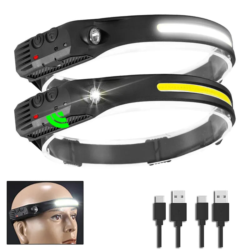 Wave Induction Headlamp COB LED Head Lamp With Built-in Battery Flashlight USB Rechargeable Torch Outdoor Lighting Work Light-WAYBIKER