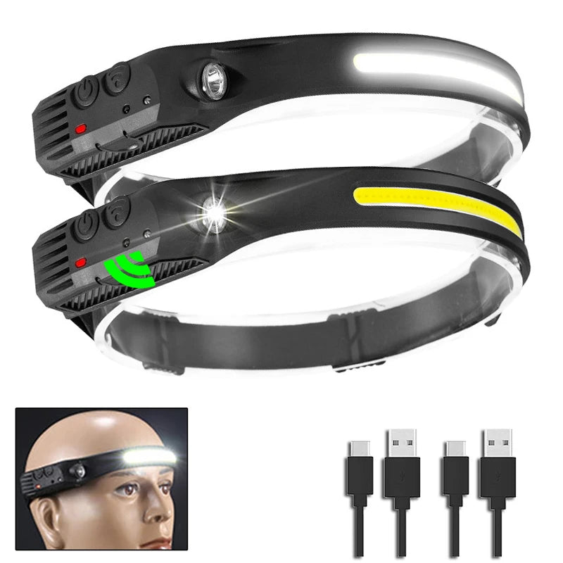 Sensor Headlamp COB LED Head Lamp Flashlight USB Rechargeable Head Torch 5 Lighting Modes Head Light with Built-in Battery-WAYBIKER