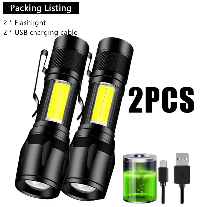 Mini Rechargeable LED Flashlight COB+XPE Portable Torch Camping Lantern Zoomable Focus Light Tactical Flashlight with Pen Clip-WAYBIKER