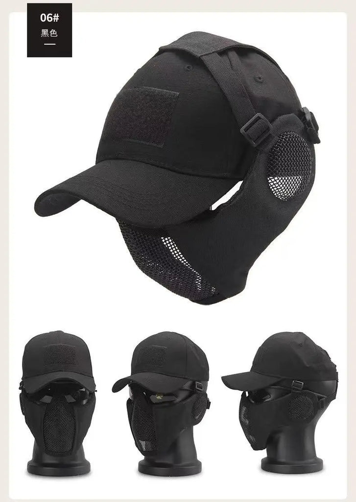 Tactical Foldable Masks Baseball Cap Adjustable Paintball Half Face Ow-Carbon Steel Mesh Mask Ear Protective for Airsoft Hunting-WAYBIKER