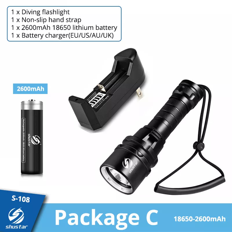 Super bright Diving Flashlight IP68 highest waterproof rating Professional diving light Powered by 18650 battery With hand rope-WAYBIKER