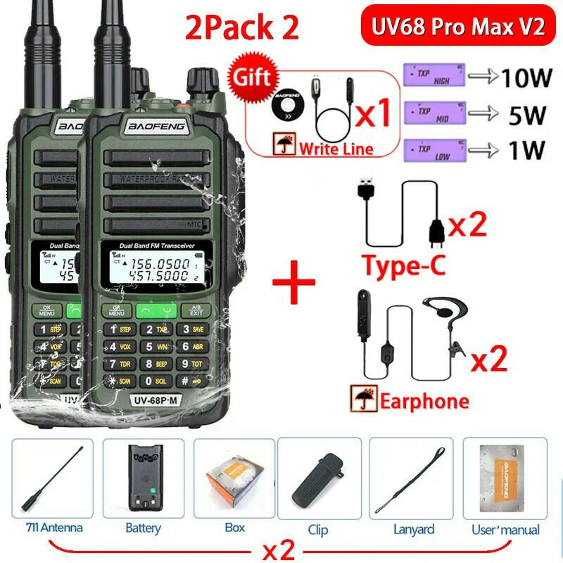 2Pack 10W Baofeng UV68 Pro Max V2 IP68 Waterproof Walkie Talkie High Power 711 Antenna VHF UHF Two Way Radio LongRange UV5R UV16-WAYBIKER