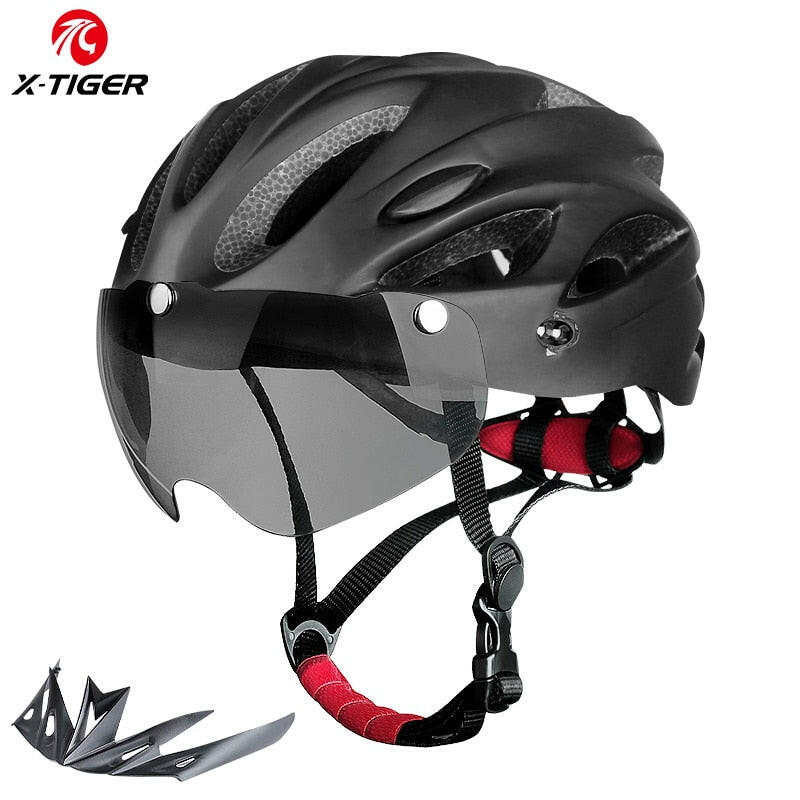 X-TIGER Adult Bike Helmet with LED Rear Light Dual Mode Goggle Cycling Helmet Fit 58-62cm Lightweight Breathable Bicycle Helmets