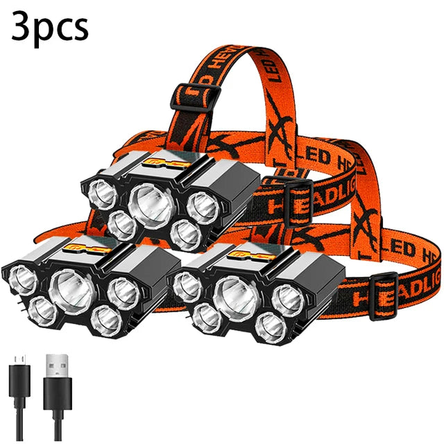 Super Bright 5 LED Strong Headlight Built-in 18650 Battery USB Rechargeable Head-Mounted Flashlight For Outdoor Camping Fishing-WAYBIKER