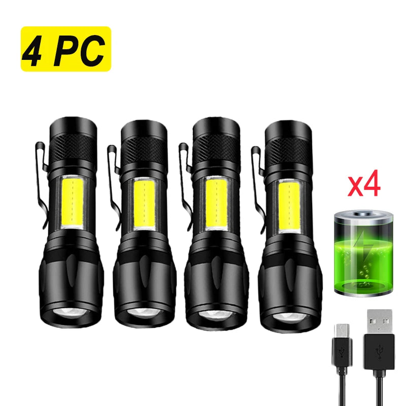 4PC High Power Rechargeable LED Flashlight Mini Zoom Torch Outdoor Camping Strong Lamp Lantern Waterproof Tactical Flashlight-WAYBIKER