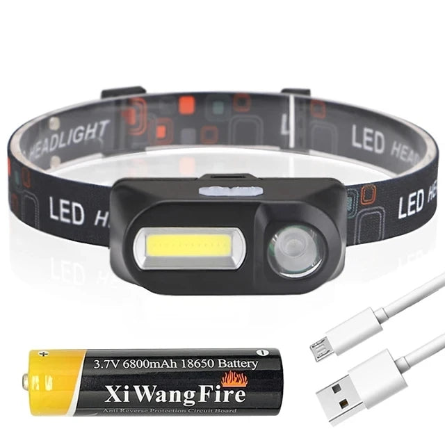 Mini Portable XPE+COB Headlamp USB Rechargeable Use 18650 Battery Headlight Outdoor Camping Fishing LED Head Flashlight-WAYBIKER