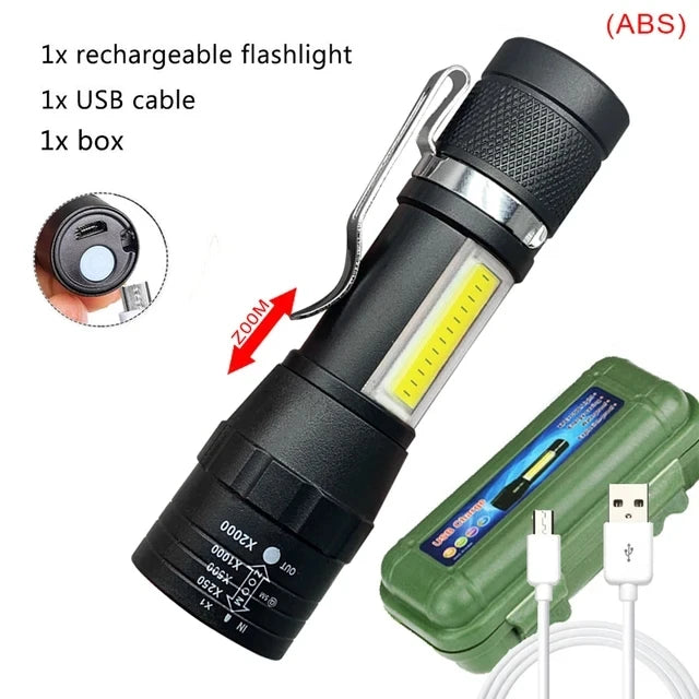 Portable Zoom LED Rechargeable Flashlight 3 Lighting Modes Camping Light Mini Torch Built In Battery Waterproof Long Range-WAYBIKER