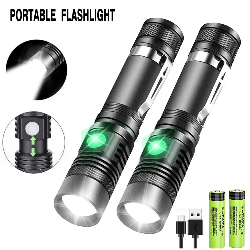 Super Bright T6 LED Lamp Beads Flashlight External 18650 Battery Flash Light  Waterproof Torch Zoom 3 Lighting Modes USB Charger-WAYBIKER