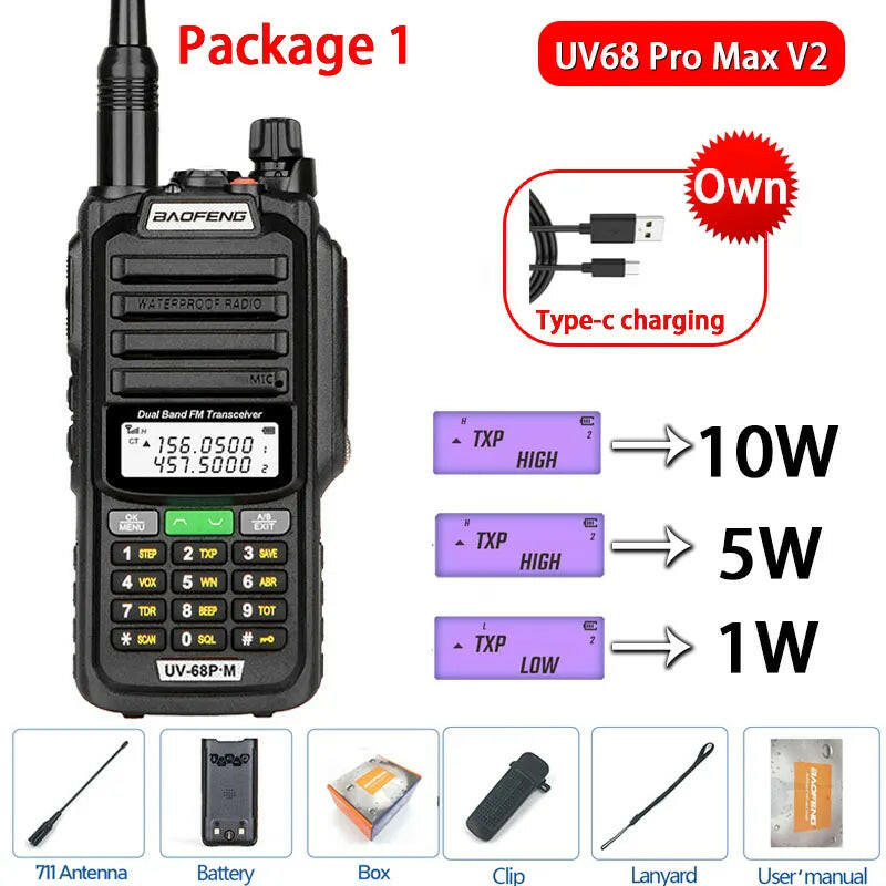 2023 Baofeng UV-68 Pro Max V2 10W IP68 Walkie Talkie Waterproof High Power CB Ham Long Range UV68 portable Two Way Radio hunting-WAYBIKER