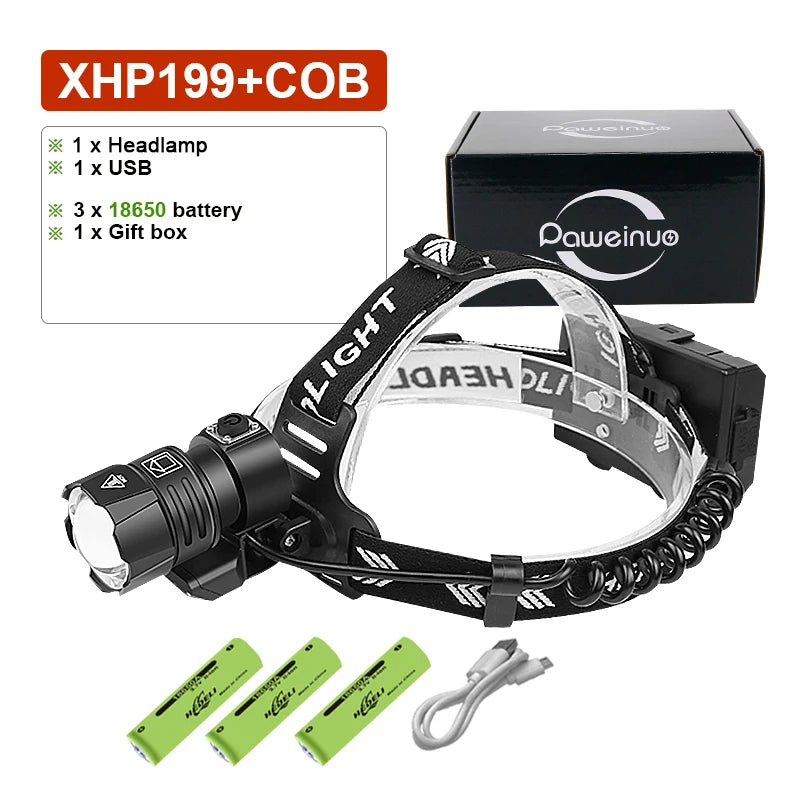 Newest XHP199 Most Powerful LED Headlamp Rechargeable Head Flashlight LED Headlight 18650 USB XHP90 Waterproof Fishing Head Lamp-WAYBIKER