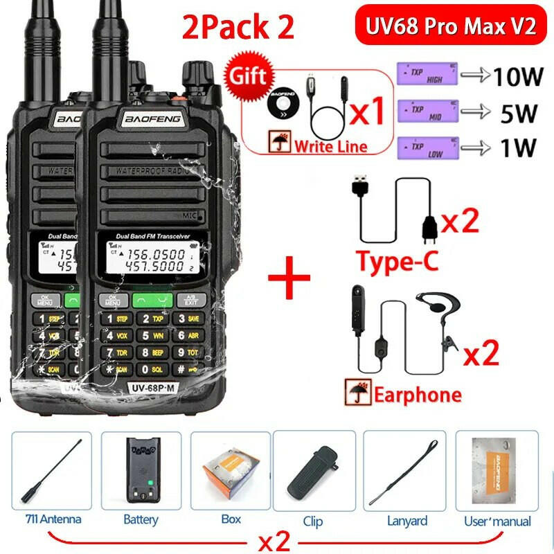 2Pack 10W Baofeng UV68 Pro Max V2 IP68 Waterproof Walkie Talkie High Power 711 Antenna VHF UHF Two Way Radio LongRange UV5R UV16-WAYBIKER