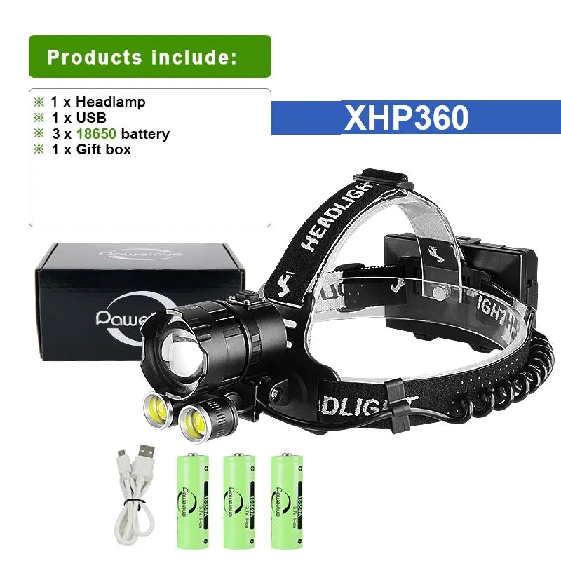 Super High Power XHP360 Headlamps Powerful Fishing COB Head Flashlight Super Bright Zoom LED Headlight USB Rechargeable Lanterns-WAYBIKER