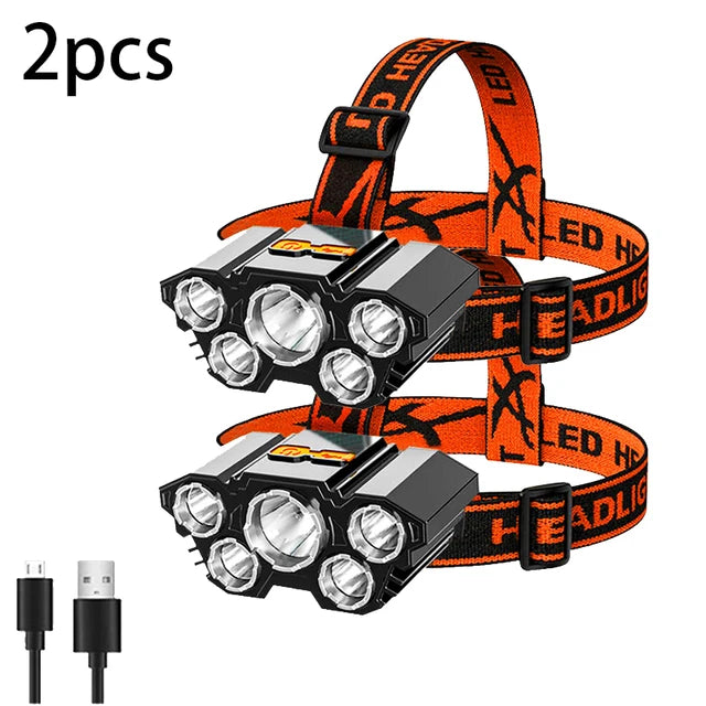 Super Bright 5 LED Strong Headlight Built-in 18650 Battery USB Rechargeable Head-Mounted Flashlight For Outdoor Camping Fishing-WAYBIKER