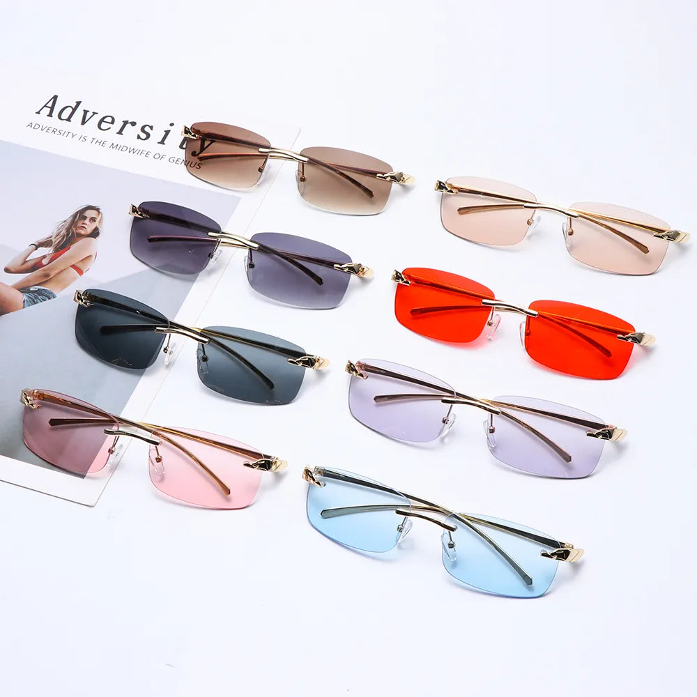 Unique Cheetah Metal Sun Glasses Rimless Rectangle Sunglasses Small Frame Clear Lens Sunglasses Candy Colors Eyewear