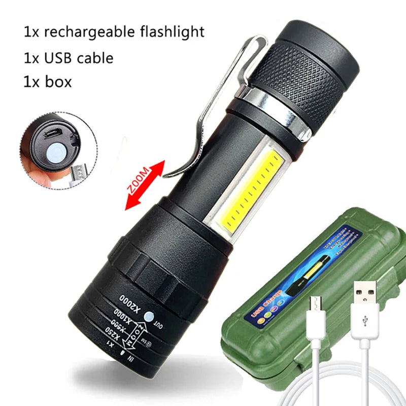 Portable Zoom LED Rechargeable Flashlight 3 Lighting Modes Long Range Camping Light Mini Torch Waterproof  Built In Battery-WAYBIKER